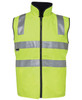 A high-visibility vest in bright yellow with grey reflective stripes and a zip closure. Features a branding logo.