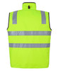 A high visibility vest in fluorescent yellow with two reflective stripes, featuring a collar and a black trim.