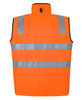 An orange safety vest with reflective silver stripes and a high collar. It features a logo on the back.