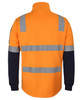 A fleecy 1/2 zip sweater in bright orange and navy with reflective strips and a logo on the sleeve.