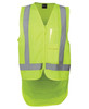 A high-visibility lime work vest featuring reflective stripes and a front pocket, with a zip closure.
