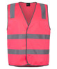 A fluorescent pink safety vest with reflective grey stripes and a front opening. Features a logo.