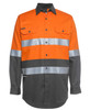 An orange and grey long-sleeve work shirt with reflective stripes and pockets. It features branding on the sleeve.