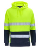 A high-visibility hoodie in bright yellow and navy, featuring reflective strips and a drawstring hood.