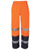 Premium rain pants in bright orange with reflective silver stripes and navy accents. Elastic waistband for comfort.