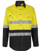 A long-sleeve work shirt in bright yellow and black, featuring reflective stripes and two chest pockets. It has a logo.