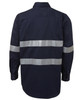 A navy work shirt with silver reflective stripes, featuring long sleeves and a back view. It includes a branding logo.