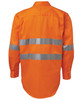 An orange work shirt with reflective silver stripes across the torso and sleeves, featuring a collar and button-up design.