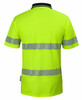 A lime green polo shirt with navy collar and segmented reflective stripes on the back. Features a logo.