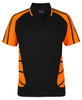 A black polo shirt with orange accents and a chest pocket, featuring a logo on the collar.