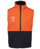 A work vest featuring an orange upper and black lower, with a zipped front and a pocket on the chest, displaying a logo.