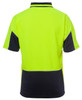 A high-visibility polo shirt featuring a bright yellow front and navy blue back, with a logo.