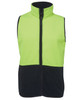 A bright lime green and black fleece vest featuring a high collar and zip panel. Includes logo branding.