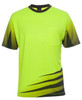 A short-sleeved work tee in bright yellow with a pocket and dark green accents. Features logo branding.