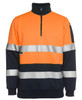 A high-visibility fleece jumper with an orange body and navy blue sleeves, featuring reflective strips and a zip collar.