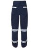 Navy work pants with multiple pockets and reflective tape, featuring a logo on the waistband.