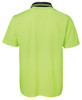 A bright yellow-green short-sleeve polo shirt with a black striped collar, featuring a branding logo.