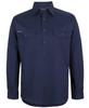 Navy long-sleeve work shirt with two front pockets and a logo. Suitable for workwear.