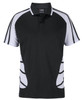 A black and white polo shirt with short sleeves and a branded logo on the chest.