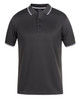 A black polo shirt featuring a jacquard design and contrasting collar and sleeve detailing. The shirt has a logo on it.