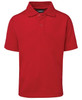 A red short-sleeve polo shirt with a collar and three buttons, featuring a logo on the label.