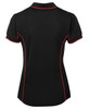 A black polo shirt with red piping, featuring a branded logo on the back.