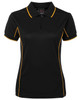 A black polo shirt with yellow piping, featuring a collar and short sleeves. It has a logo on the front.