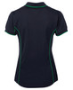 A navy polo shirt with green piping, featuring a collar and short sleeves. It has a logo on the back.