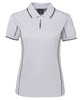 A light grey polo shirt with contrasting piping and a collar, featuring a logo on the front.