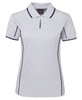 A white women's polo shirt featuring navy piping and a collar, with a logo on the label.