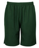Green sports shorts with an elastic waistband and side slits, featuring a branding logo.