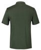A green polo shirt featuring a collar and short sleeves, displayed from the back. It has a branding logo.