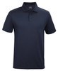 A navy blue polo shirt featuring a collar, buttons, and a logo on the chest.