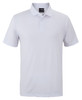 A white polo shirt featuring a collar, short sleeves, and a logo on the chest.