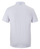 A white short-sleeved polo shirt with a collar, featuring a logo on the back.