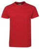 A red fitted t-shirt featuring a round neck and short sleeves, with a logo on the tag.