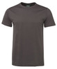 A fitted dark grey t-shirt with a classic crew neckline and short sleeves, featuring a logo on the label.