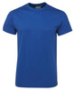 A blue fitted t-shirt featuring a logo on the neckline.