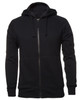 A black zip-up hoodie featuring a hood, long sleeves, and a fitted design. The garment has a logo.