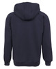 A navy hoodie featuring a central hood and ribbed cuffs, with a logo on the back.