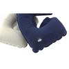 An inflatable travel pillow in blue and grey, featuring a logo, with a soft, textured surface.