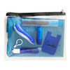 A transparent pouch containing various blue personal care items, including a nail file, bottle, and a small tool with a logo.