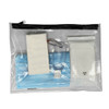 A clear pouch containing blue masks, hand sanitiser, a small white package, and a clip. Features a zip closure.