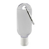 A clear hand sanitiser bottle with a white cap and a metal clip for attachment.