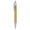 A bamboo pen with a silver clip and tip, featuring a smooth wooden shaft.