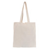 A plain natural-coloured tote bag with two handles and no gusset, featuring a logo on one side.