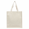A plain cream-coloured canvas tote bag with two sturdy handles and a simple design. It features a logo.