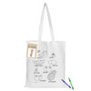 A white calico tote bag with outlined fruit illustrations, accompanied by a pack of colouring crayons.