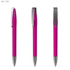A pink plastic pen with a sleek design and a metallic clip, featuring a shiny silver tip.