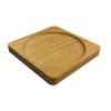 A wooden coaster in a square shape with a circular indent, featuring a light natural wood finish.